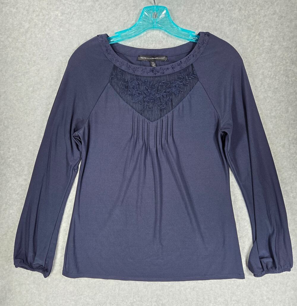 White House Black Market Top XS Navy Blue Embroidered Lace Long Sleeve WHBM